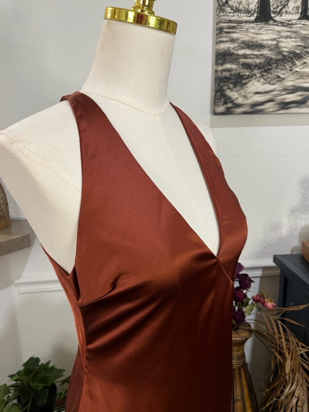 Lulu’s Satin V-Neck Slip Gown in Copper Brown NWT Medium - Picture 13 of 16